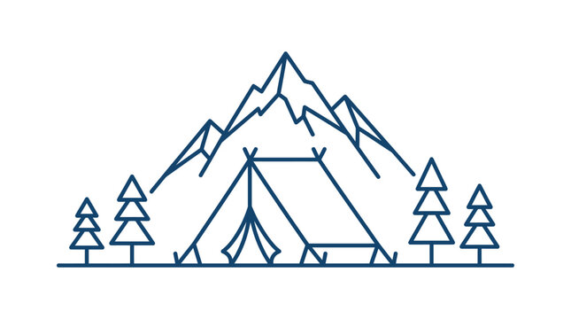 Outdoor Camping Adventure Scene with Tent, Pine Trees, and Mountains at Night in Line Art on a Dark Blue Background.