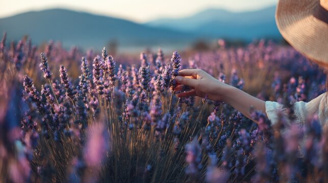 person picking lavender field with blured nature background