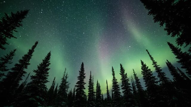Stunning night view of aurora borealis above silhouetted evergreen trees