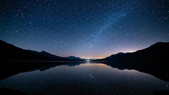 Stunning nightscape shows a starry sky reflected in a calm lake