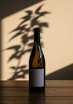 A bottle of wine casting shadows of a tree on a rustic wall