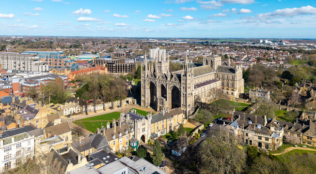 Aerial cityscape skyline of Peterborough city centre and Cathedral church