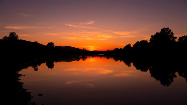 Stunning sunset over a serene lake, silhouetting trees and hills. The sky ablaze in hues of orange, red, and yellow, mirroring in calm water