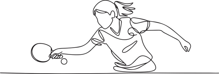 Fototapeta premium One single line drawing young energetic woman table tennis player hit the ball vector graphic illustration. Sport training concept. One line draw graphic design vector