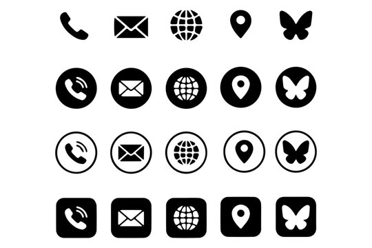 A set of black and white icons representing communication and navigation on a transparent background