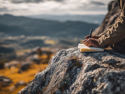 man journaling mountain summit with a blured nature background
