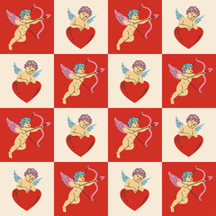Fototapeta premium Seamless romantic doodle pattern with hearts, bows, doves, cakes and drinks. Cute vintage coquette illustration for Valentine’s Day, weddings and gifts. Trendy feminine design for wallpaper.
