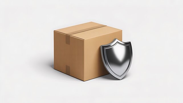 Cardboard package box with shield icon on clean background representing secure delivery protection and shipping service concept
