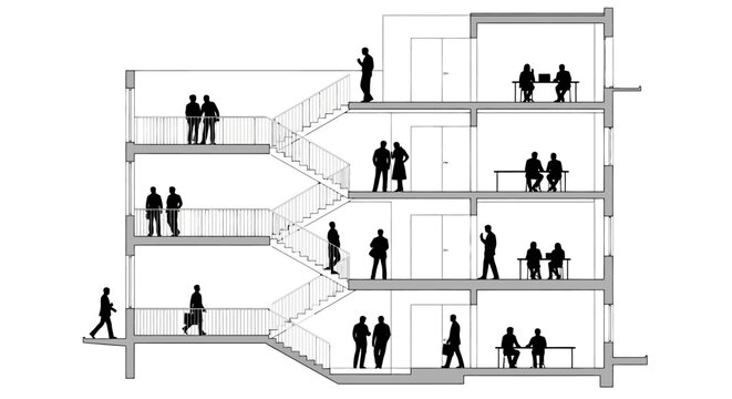 Office building floor plan, people walking on stairs and corridors, architectural blueprint, interior layout design, commercial space
