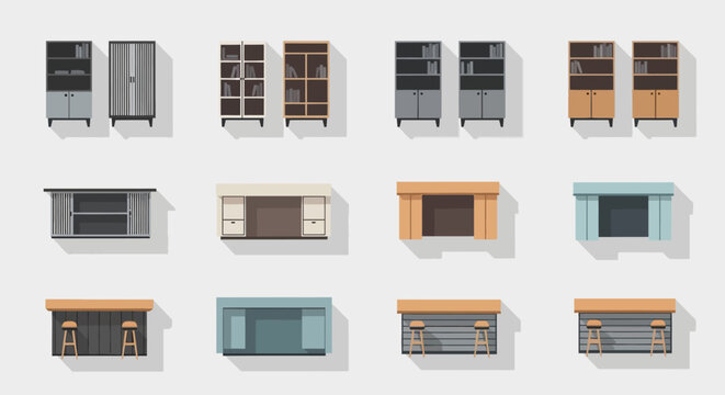 Flat Kitchen Cabinet Icons, Vector Cupboard Set, Modern Furniture Collection, Home Design Elements