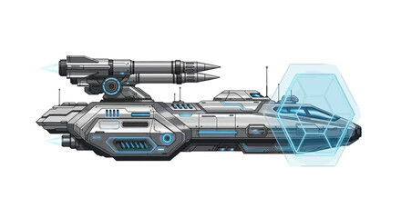 Obraz premium Futuristic spaceship, sci-fi spacecraft, metallic silver, blue accents, vector illustration, 3D model, futuristic vehicle, space exploration, gaming asset, sci-fi design