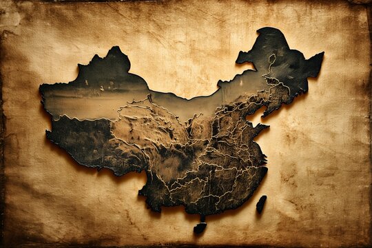China map is intricately embossed on aged parchment, highlighting its vast geography. The vintage design symbolizes history, culture, and timeless heritage.