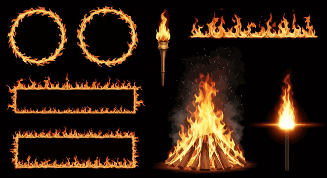 Fire flames, burning fire, flame borders, fire effects, vector illustrations