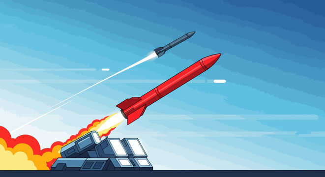 Rocket launch, space exploration, red missile, vector illustration, space travel, astronautical, fire and flames, launchpad, blue sky background, futuristic, dynamic motion