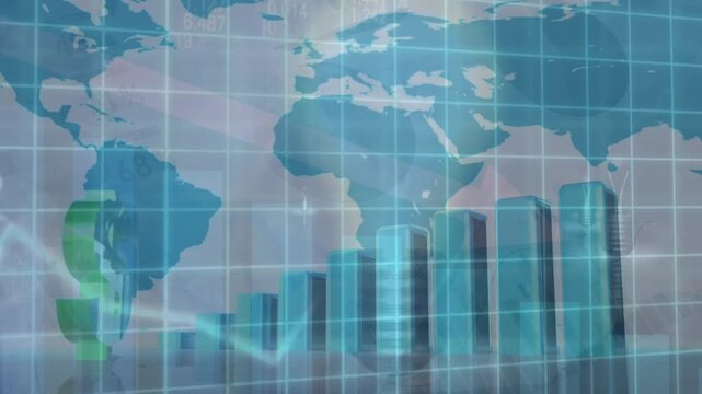 Animation of data processing and dollar sign over world map on white background