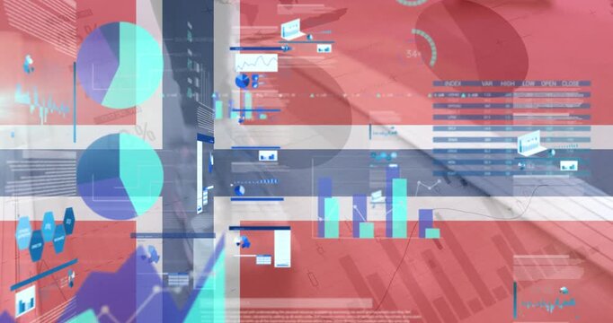 Animation of flag of norway over data processing and sportsman at gym
