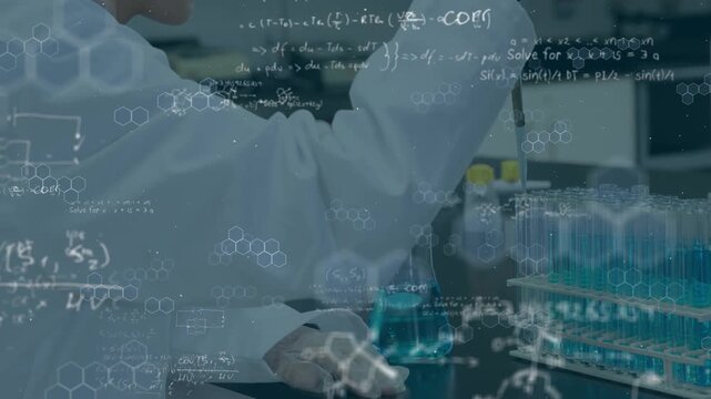 Animation of mathematical equations over caucasian scientist in lab