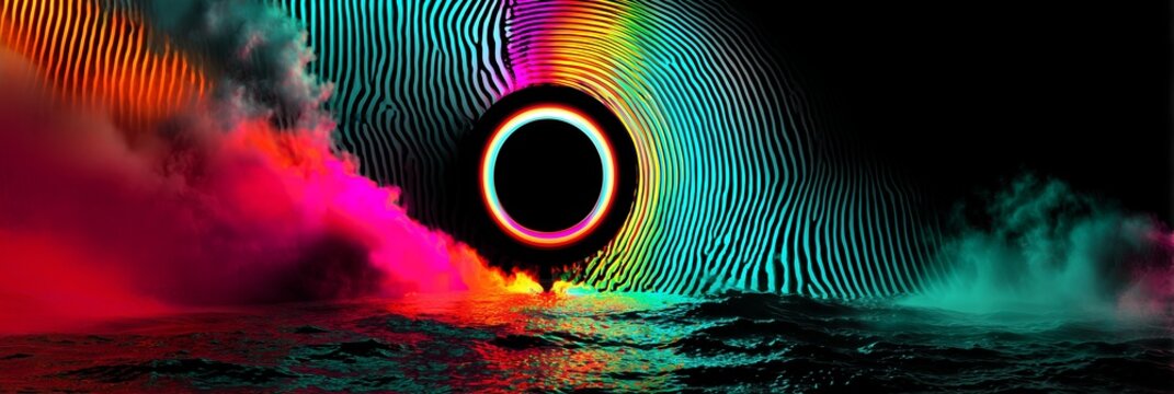 A glowing ring floats above water surrounded by vibrant rainbow colored smoke clouds. The surreal scene features dark waves below and a black sky behind the colorful circular light.