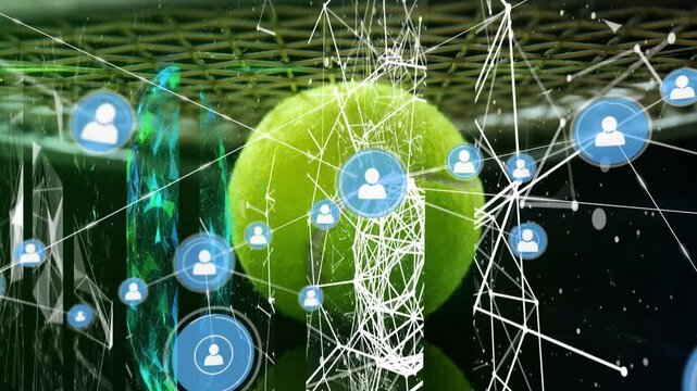Animation of network of connection with people icons over tennis ball