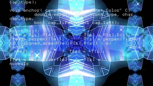 Animation of data processing over blue kaleidoscopic shapes