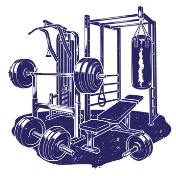 Dark blue ink of a gym interior featuring a heavy barbell on a squat rack a weight bench a lat pulldown machine and a hanging punching bag on a textured floor background