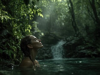 Fototapeta premium woman bathing forest waterfall with a blured nature background