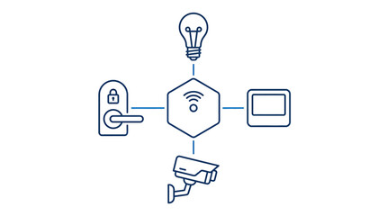 Smart Home Security and Automation System Icons on Isolated White Background, Connecting Devices for Intelligent Living © yayaya