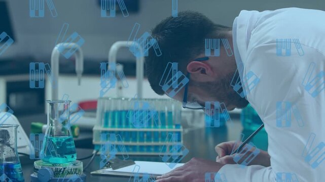 Animation of lab icons over caucasian male scientist with test tubes