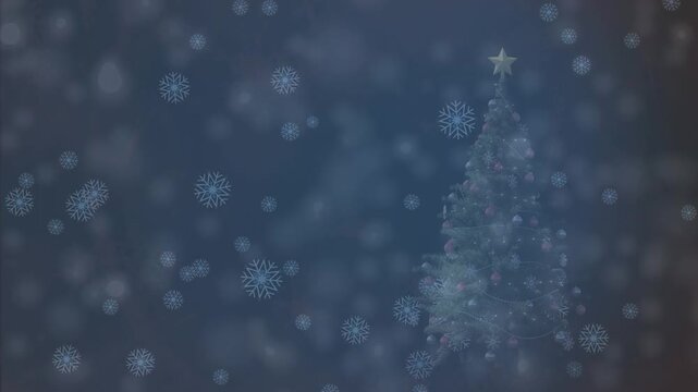Animation of snowflakes falling over christmas tree against blue background