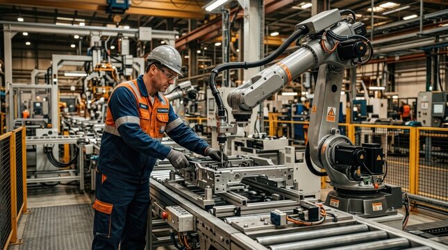 A human technician and a mechanized industrial robot working side by side inside a future factory, robotic arm, safety equipment, production line details and cooperative posture expressing trust and