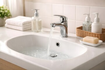 Fototapeta premium Bathroom Sink with Running Water for Hygiene, Cleanliness, and Healthcare Awareness Marketing