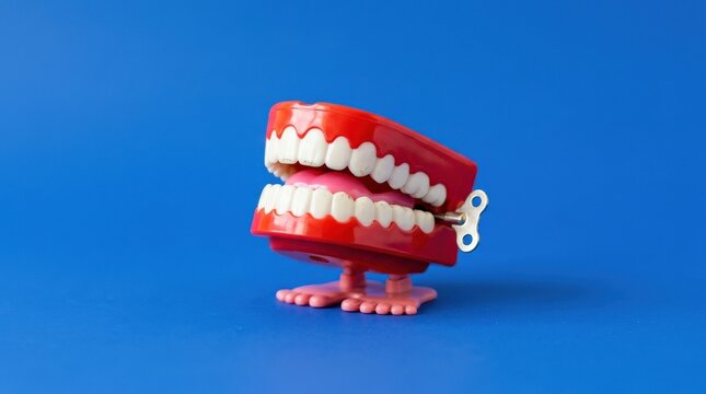 Wind-up chattering teeth toy on blue background, playful and humorous composition, vibrant color contrast, sharp focus and clean backdrop, no logos, no branding, no trademarks\