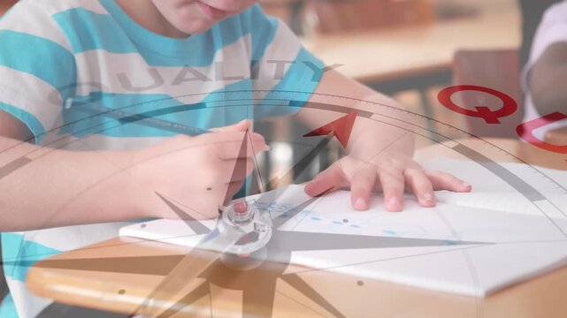 Animation of compass moving over caucasian schoolboy drawing in notebook