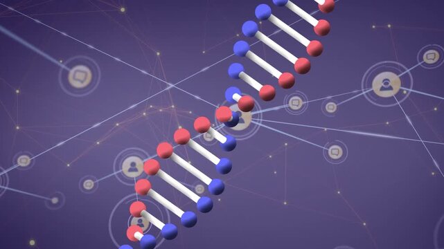 Animation of dna strand over network of connections with icons on black background
