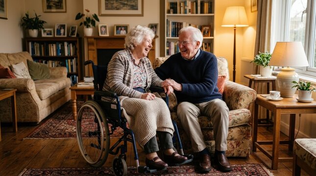 Elderly couple sitting together in living room, one in wheelchair, sharing conversation and laughter, warm soft lighting, intimate atmosphere, shot on Nikon Z7 II, no logos, no branding, no