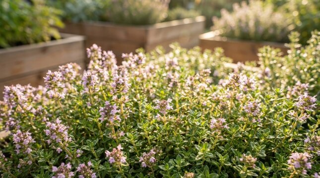 Blooming thyme plants showing fresh herbal leaves and tiny blossoms, fragrant culinary ingredient thriving in natural light with dense green texture, wellness and garden atmosphere, shallow depth of