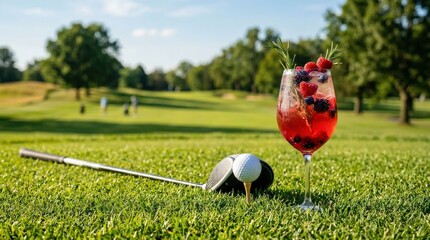 Obraz premium Golf club, ball, and a refreshing red cocktail with berries and rosemary sit on bright green grass. Sunny afternoon light creates a warm, inviting atmosphere. Perfect for leisure and relaxation, golf,