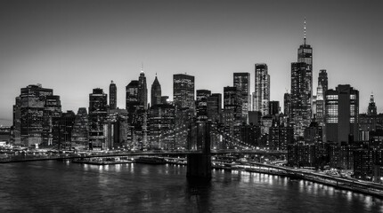 Fototapeta premium New York City night panorama, expansive urban skyline after dark, dense layers of high-rises and glass towers, river-edge reflections and crisp architectural geometry, featuring manhattan, bridge,