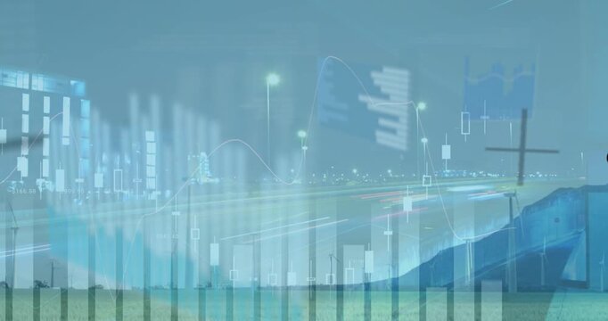 Animation of statistical data processing against night city traffic