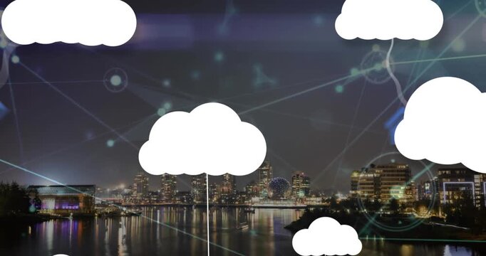 Animation of clouds with icons over network of connections and cityscape