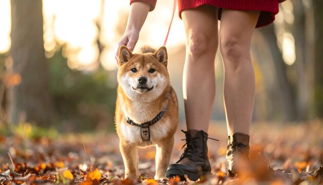 Shiba Inu on leash is petted by a woman in fall foliage. Warm golden light