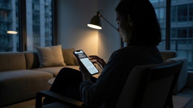 A person reading news on a smartphone with dramatic lighting emphasizing misinformation concept, modern environment, photorealistic style, 8K, no logos, no branding, no trademarks\