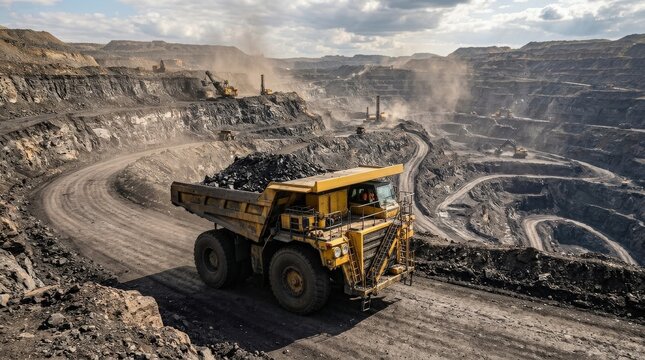 Open pit mine industry, big yellow mining truck for coal anthracite, mine, open, coal, truck, anthracite, yellow, industry, black, photorealistic extractive industry scene, vast scale and rugged