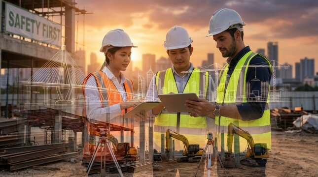 Construction engineers and architects reviewing a future infrastructure project, hard hats, tablet devices, civil equipment and city structures merged in a refined double-exposure scene, strong focus