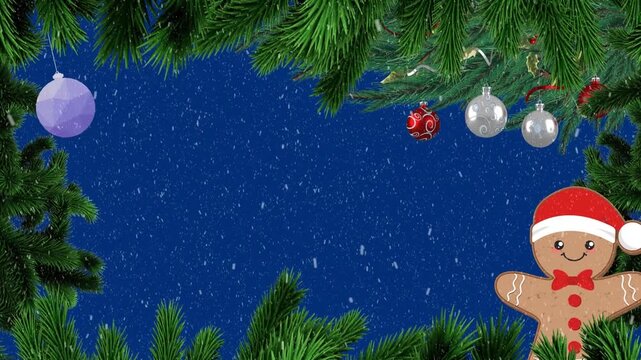 Animation of snow falling over fir tree and christmas decorations on blue backrgound