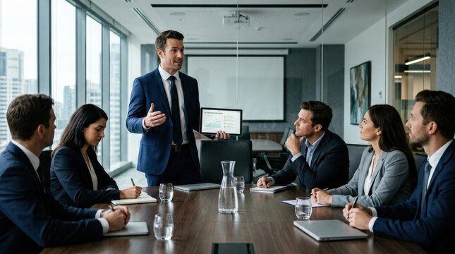 Businessman presenting ideas using tablet in meeting room, modern boardroom setting, engaged audience, cinematic corporate scene, shot on Nikon Z6, no logos, no branding, no trademarks\