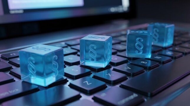 Glowing blue cubes marked with a legal paragraph symbol resting across a dark keyboard, concept of digital law, privacy, regulation and online compliance, sleek cyber-legal atmosphere with metallic
