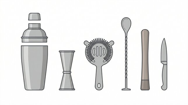 Professional bar tools set illustration, stainless steel cocktail shaker and jigger, hawthorne strainer with bar spoon and muddler for mixology