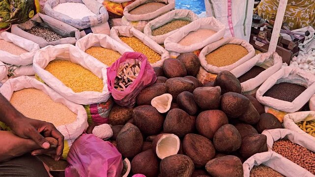 Indian market stall featuring a central pile of dried coconuts (copra) surrounded by open sacks of essentials: yellow Toor dal, red lentils, chickpeas, & assorted grains, vividly local food commerce.