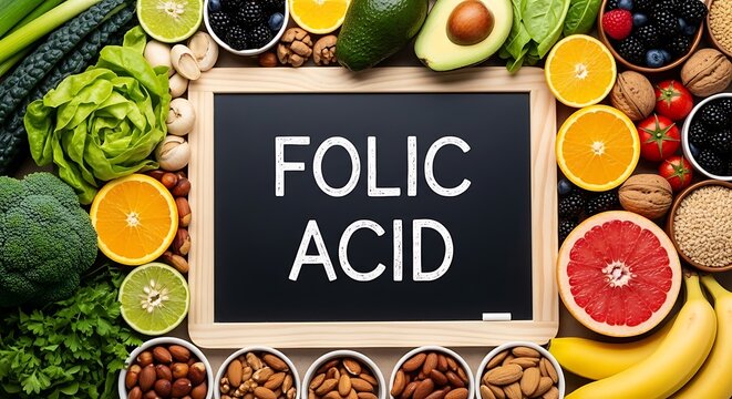 Folic acid text on chalkboard, healthy food sources of vitamin B9, fresh green vegetables and citrus fruits for pregnancy nutrition